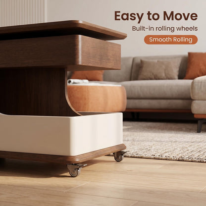 A small side table or coffee table with an adjustable height, suitable for the living room, balcony or bedroom. It is portable and features storage compartments, available in off-white and walnut. image 8