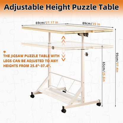 (WHITE) Wooden 1500 Piece Puzzle Table with Drawer, 35"*27.17" Adjustable Puzzle Table, 360° Tilting Puzzle Table with Legs and Wheels, Adjustable Height and Angle, with Protective Cover image 10