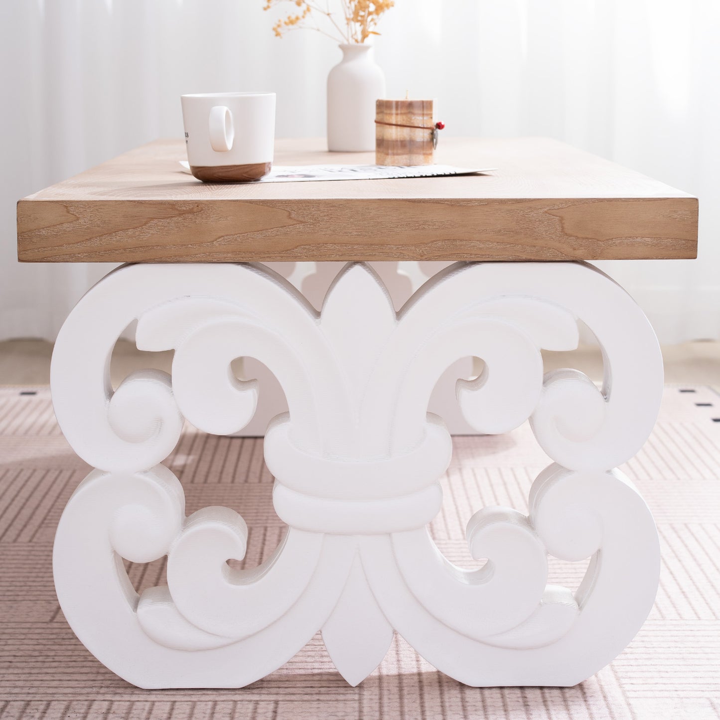 Ornate Wood Coffee Table – 47" Rectangular Farmhouse Style Table with White Carved Base and Natural Wood Top – Living Room Accent Table – Elegant Centerpiece for Modern or Traditional Decor image 8