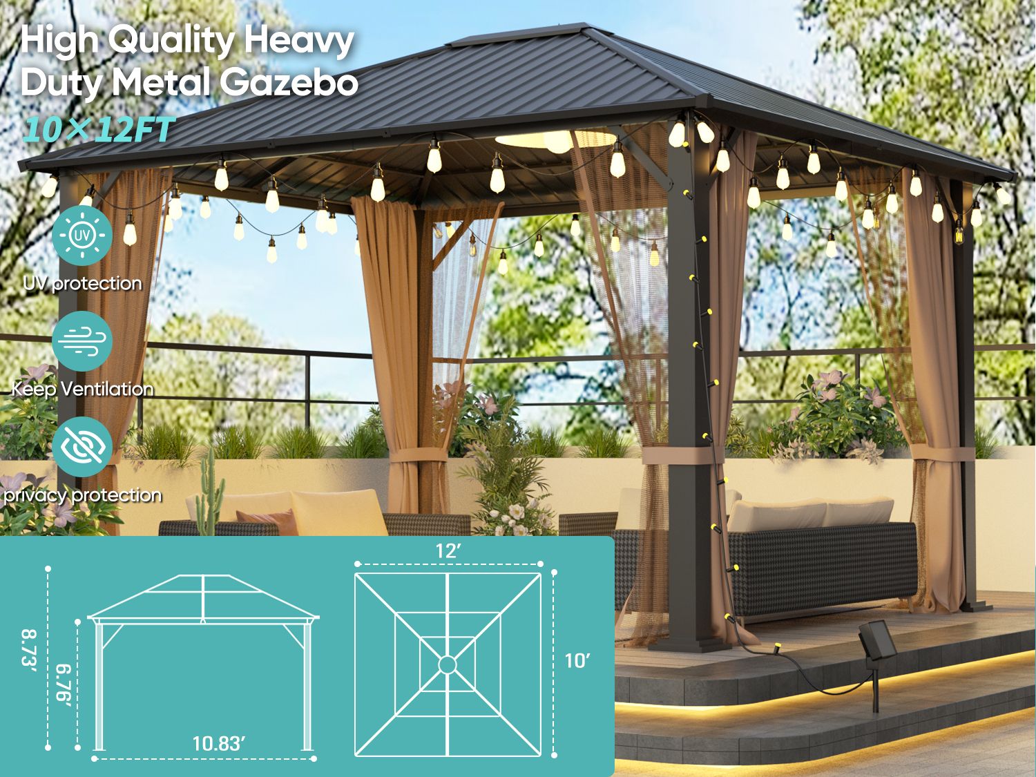 10x12 Hardtop Metal Gazebo,Heavy Duty Pergola with Mosquito Nets&Galvanized Steel,Sturdy Outdoor Canopies Tent,Suitable  image 1