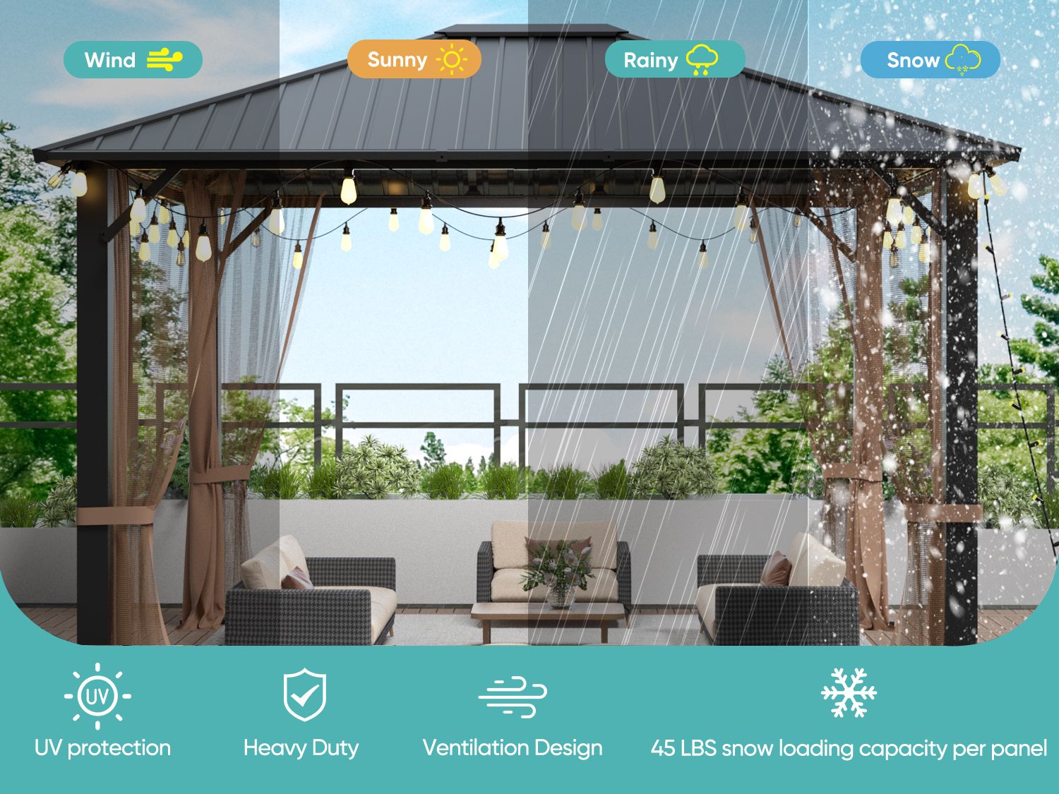 10x12 Hardtop Metal Gazebo,Heavy Duty Pergola with Mosquito Nets&Galvanized Steel,Sturdy Outdoor Canopies Tent,Suitable  image 5