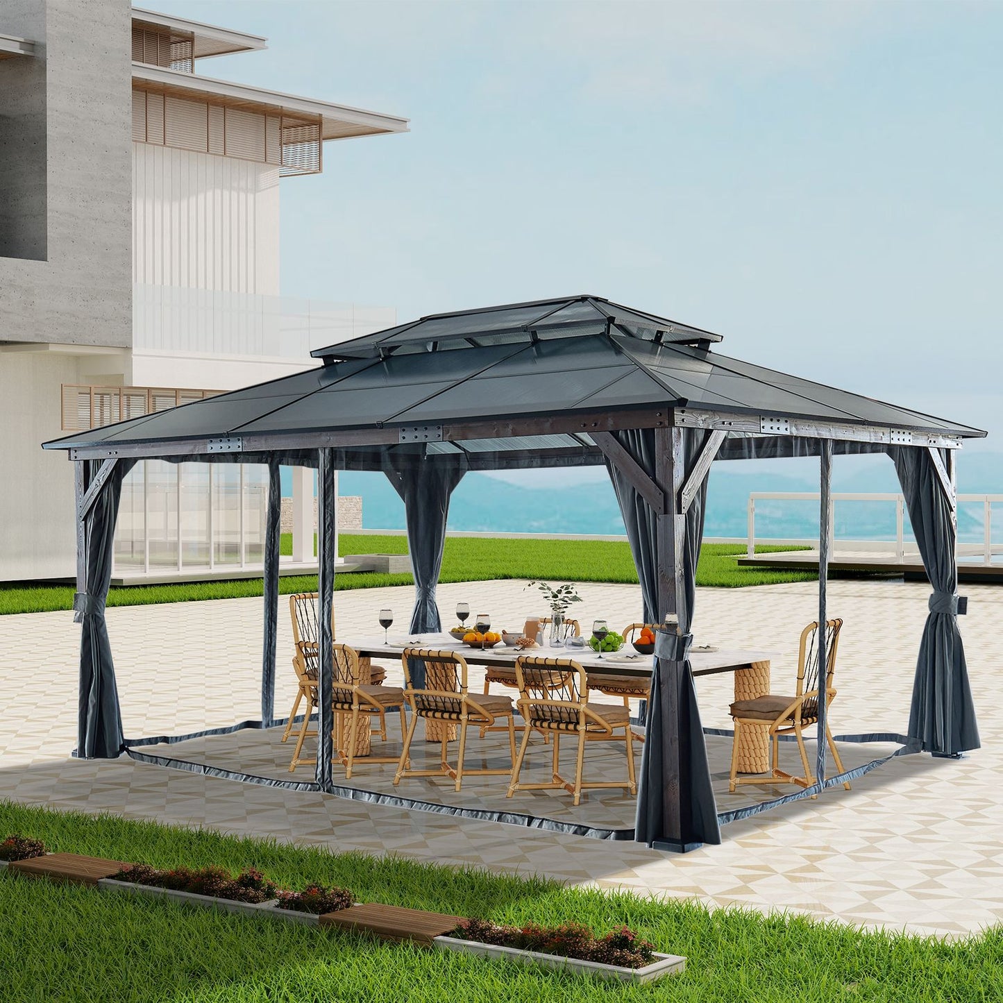 10x13FT Gazebos-Double Roof Sunshade (Wooden Legs)- kk outdoor image 1