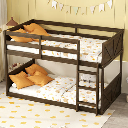 Twin over Twin Floor Bunk Bed with Panelled Headboard and Footboard, Solid Rubber Wood Foundation with Safety Guardrails, Built-in ladder,Antique Oak(Old Sku W504P263818) image 1