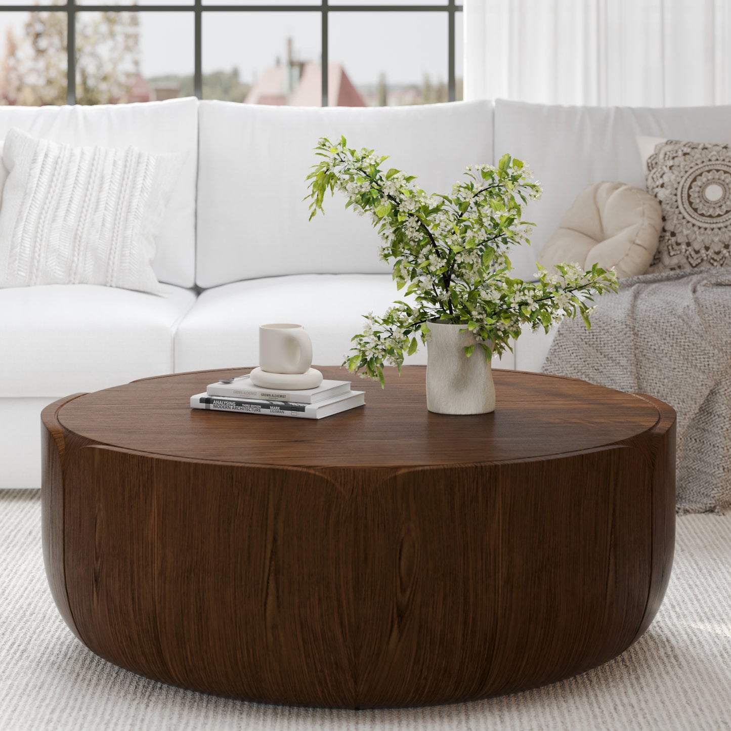 35.63" Round Outdoor Indoor Coffee Table, Modern Wood Grain Drum Center Table, Sturdy MGO (Magnesium Oxide) Waterproof, No-Assembly Table for Patio, Garden, Backyard, Living Room (Brown) image 2