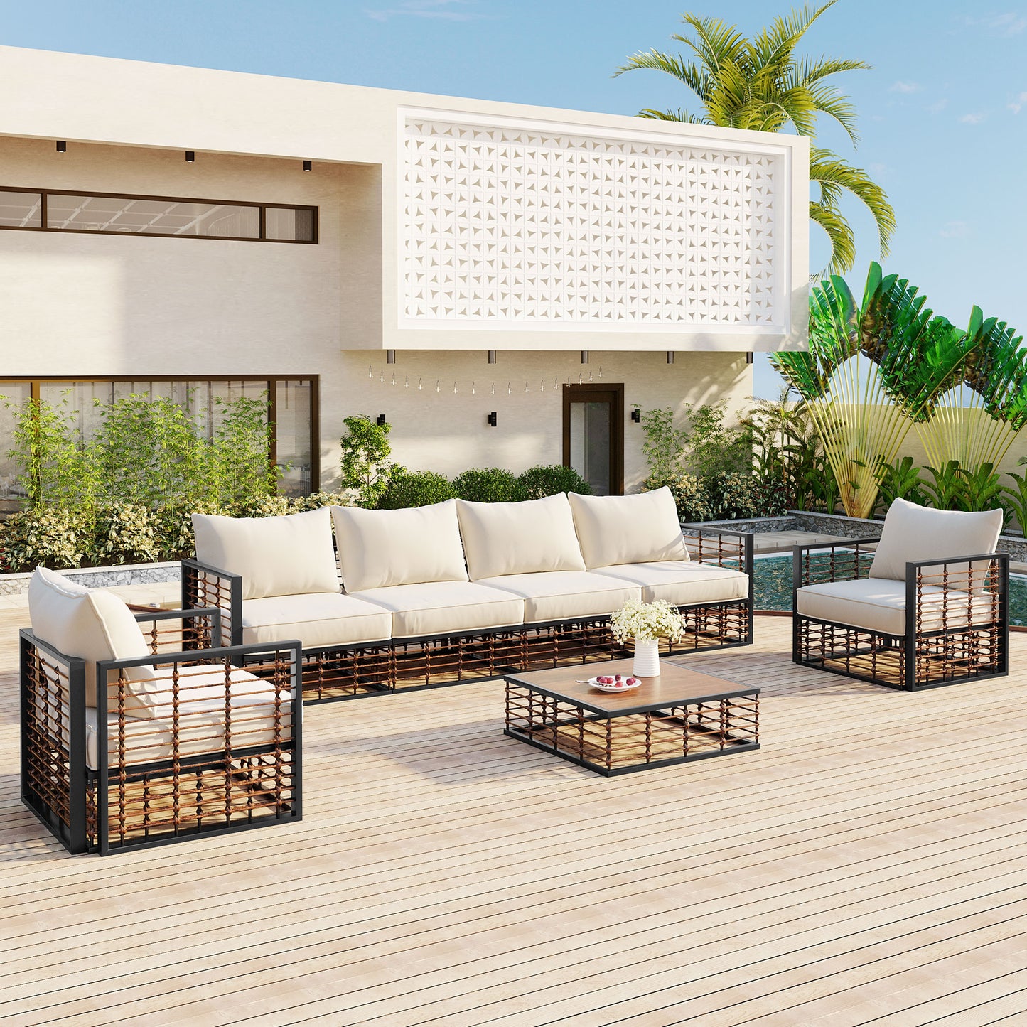 TOPMAX Modern Minimalist 7-Piece Metal Patio Sectional Sofa Set, All-Weather Garden Conversational Furniture Set with Thick Cushions and Coffee Table for Indoor Outdoor, Dark Grey image 11