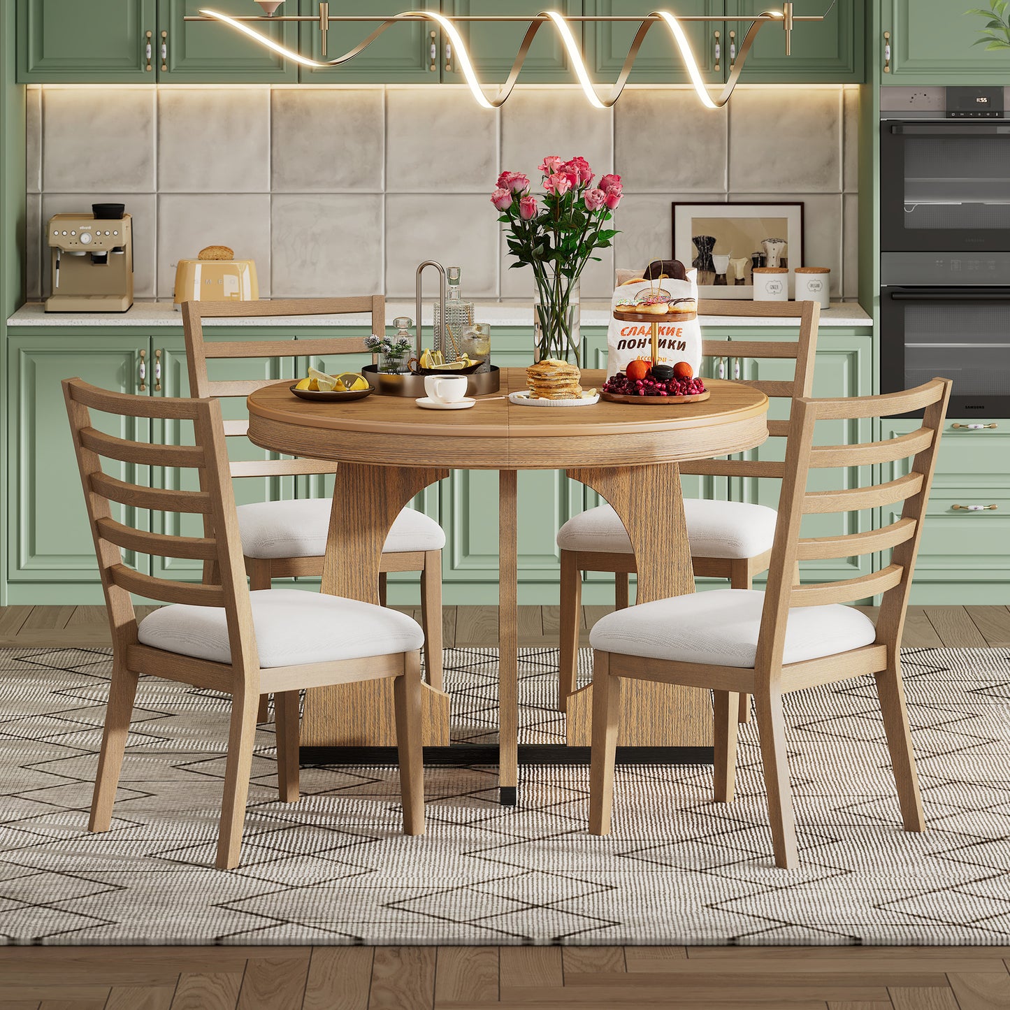 TREXM Round Dining Table for 4 with Chairs Set, Extendable Dining Table Set with 16" Removable Middle Leaf, 5 Piece Retro Dining Table Set Unique Geometric Design for Kitchen, Dining Room (Natural) image 5