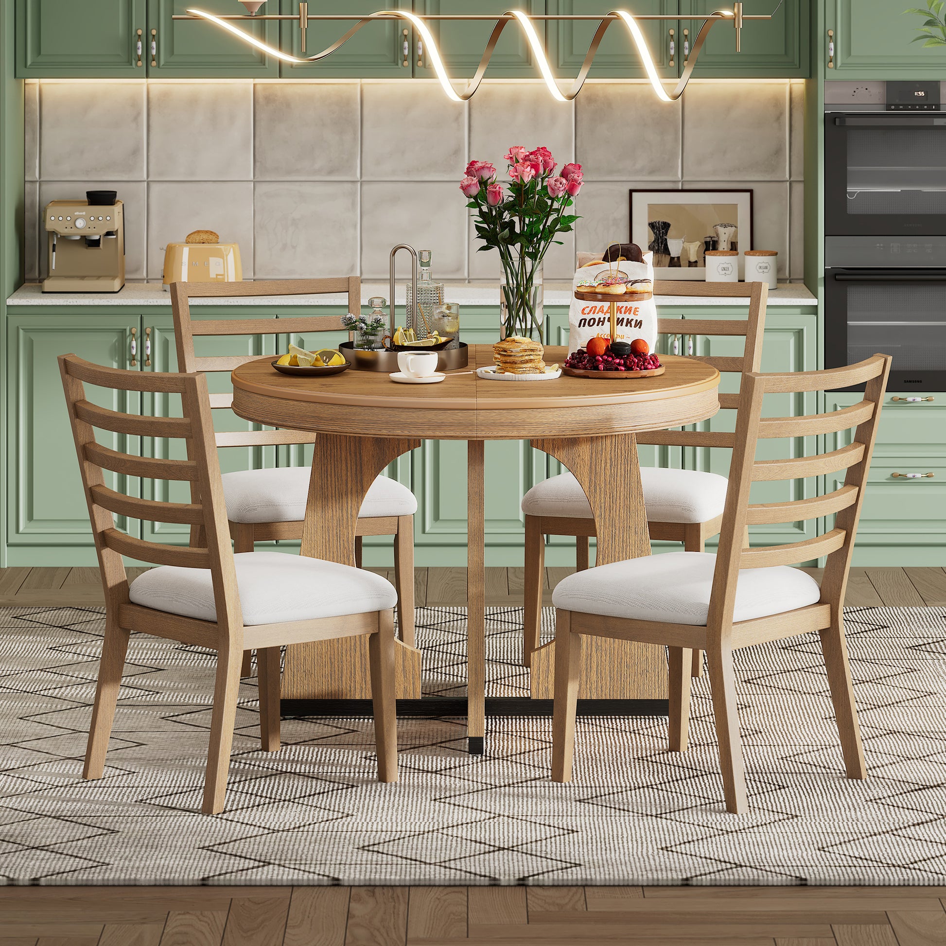 TREXM Round Dining Table for 4 with Chairs Set, Extendable Dining Table Set with 16" Removable Middle Leaf, 5 Piece Retro Dining Table Set Unique Geometric Design for Kitchen, Dining Room (Natural) image 5