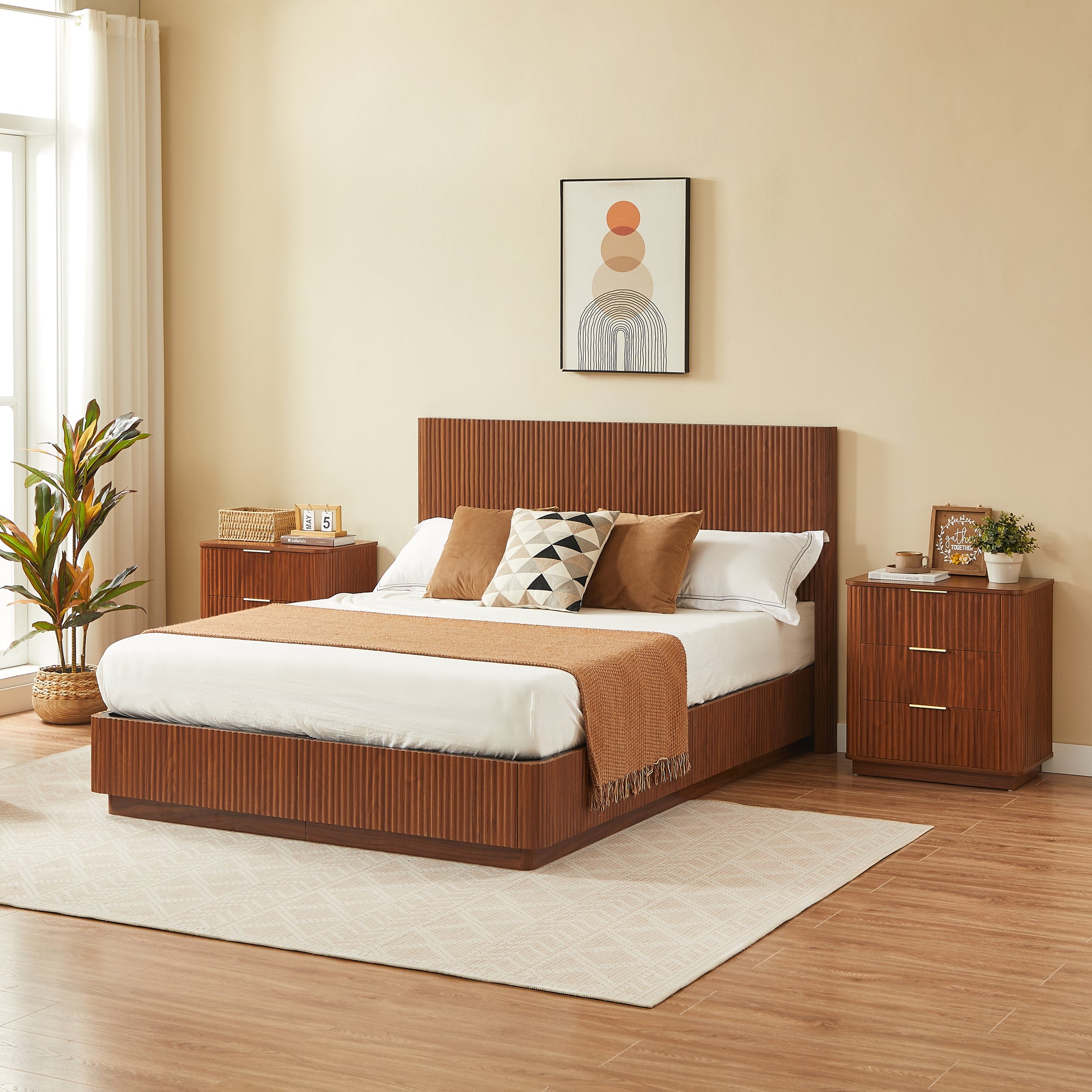 3 Drawers Nightstand Set of 2, 23.6'' Wide Modern Chest of Drawers Curved wave Design, Nightstand, Wood Drawer Organizer for Bedroom, Living Room, Hallway, Walnut,23.6''W x 15''D x 25.2''H. image 10