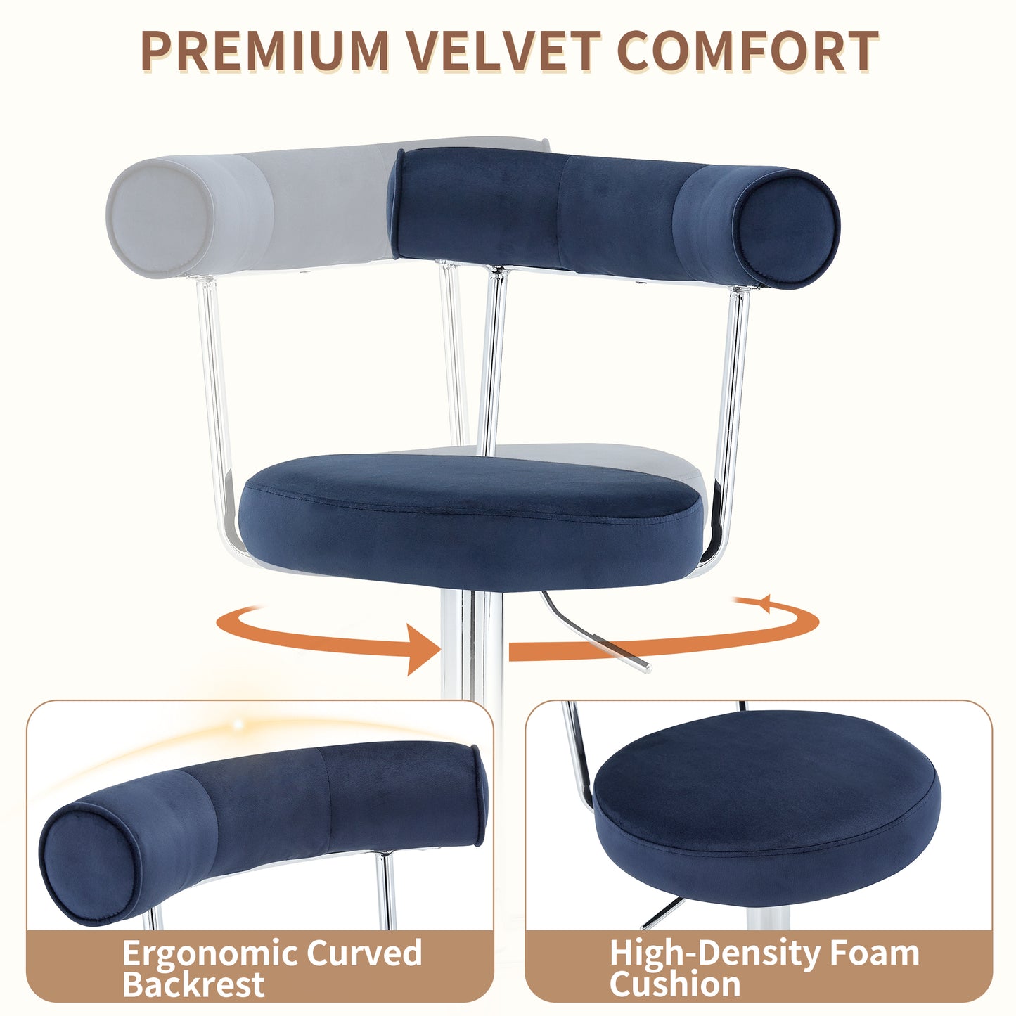 Soft Velvet Upholstered Swivel Adjustable Bar Chair with Chrome Silver Legs - Dining Room Living Room Bar Cafe Reception Desk Bar Stool(Dark Blue, Set of 2) image 4