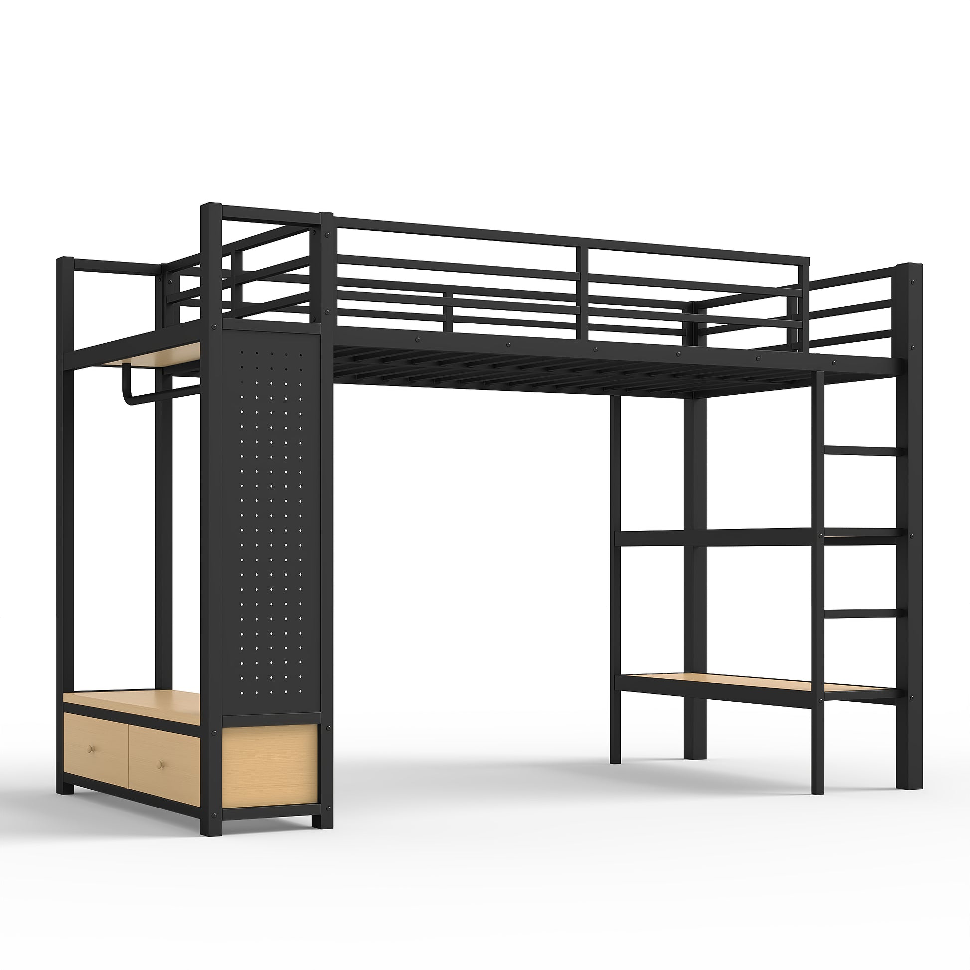 Twin XL size Loft Bed Frame with Wardrobe,Metal Loft Bed with Storage Shelves and Pegboard,Black image 11