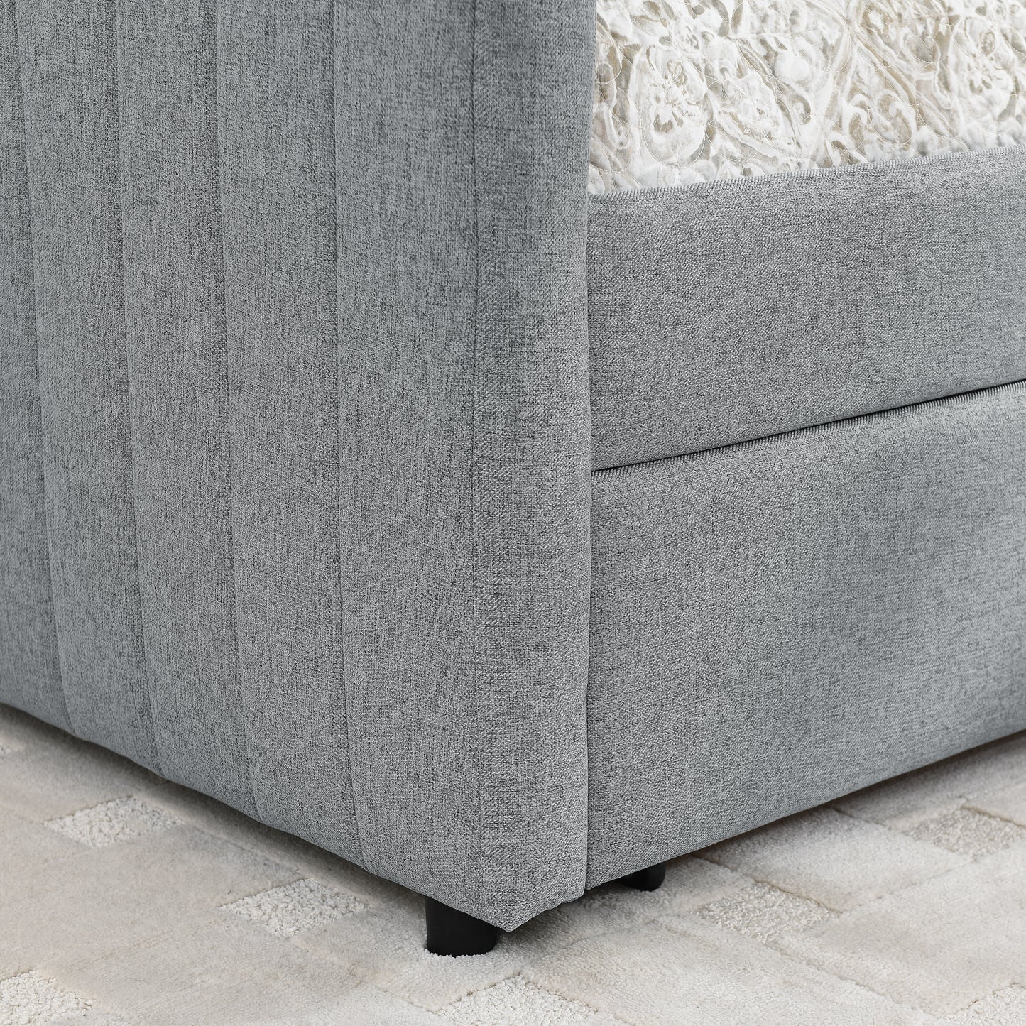 Queen Size Daybed with Two Drawers Trundle Upholstered Sofa Bed, with Vertical Stripes Linen Fabric, Grey (86.5"x65"x30") image 8