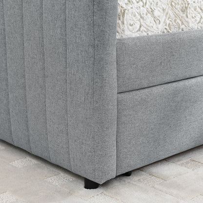 Queen Size Daybed with Two Drawers Trundle Upholstered Sofa Bed, with Vertical Stripes Linen Fabric, Grey (86.5"x65"x30") image 8