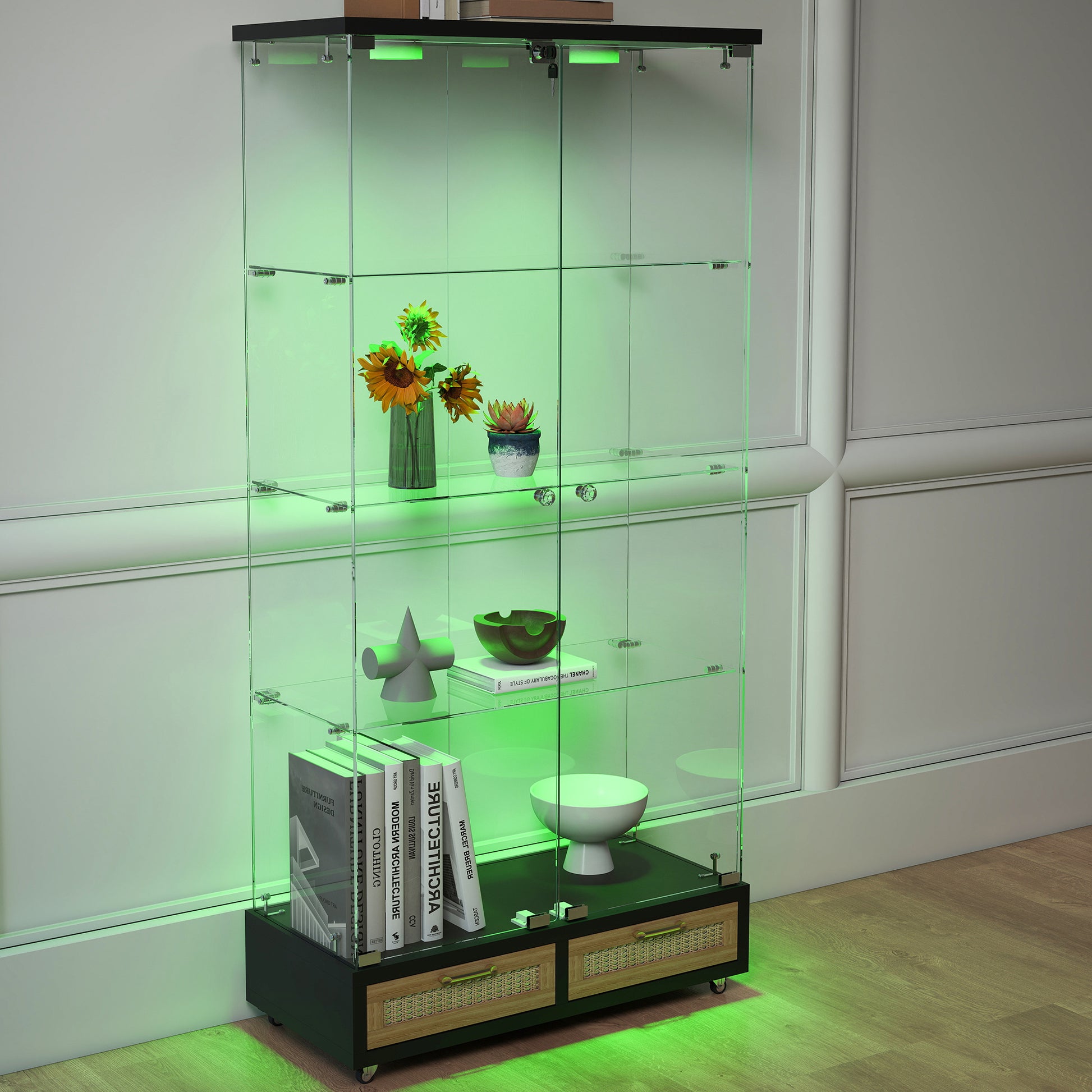 Modern Glass Display Cabinet with Large Drawers,Quick-assembly Antique Cabinet with LED lights,Tempered Glass Bookshelf,2-Door Storage Case with 4 Shelves for Living Room and Bedroom,black and natural image 8