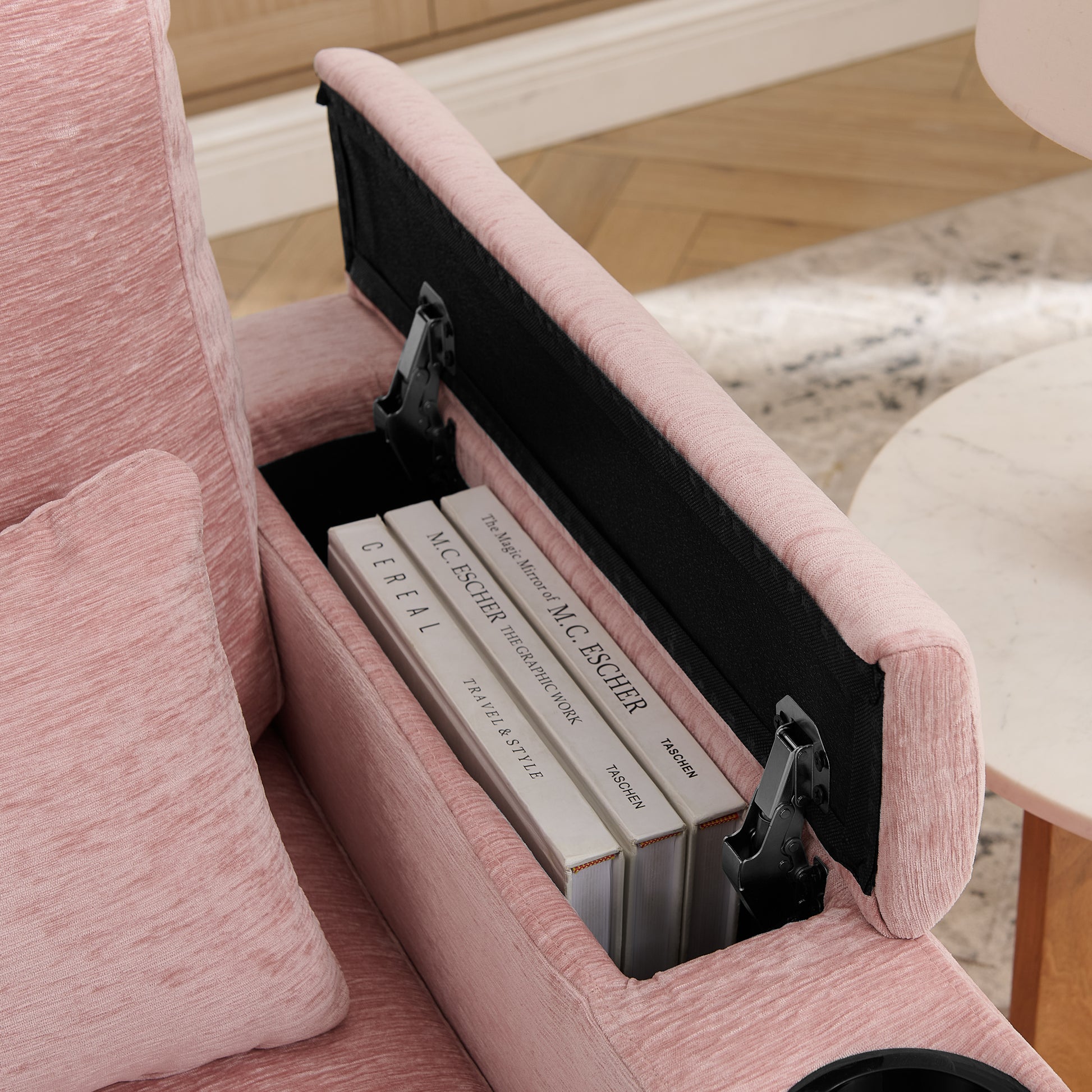 Single sofa recliner with manually adjustable backrest, USB charging port on the armrest side, phone stand included, hidden armrest storage, and a matching storage ottoman-Pink image 8