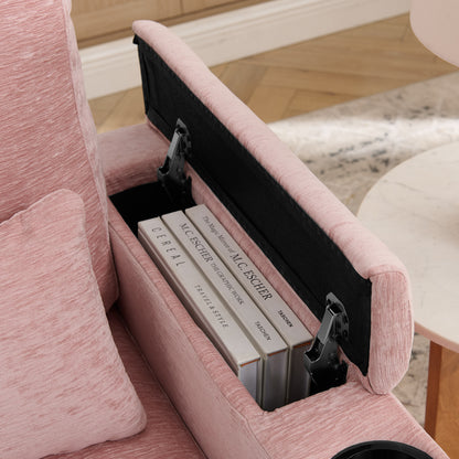 Single sofa recliner with manually adjustable backrest, USB charging port on the armrest side, phone stand included, hidden armrest storage, and a matching storage ottoman-Pink image 8
