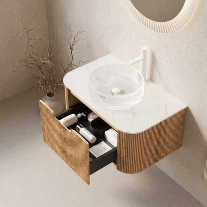 DINA 30" Bathroom Vanity with Sink, Wall-Mounted Floating Curved Edges Striped Storage Cabinet with Drawer, Transparent Round Glass Basin and Countertop, Pre-assembled, Natural Woodgrain Color image 2