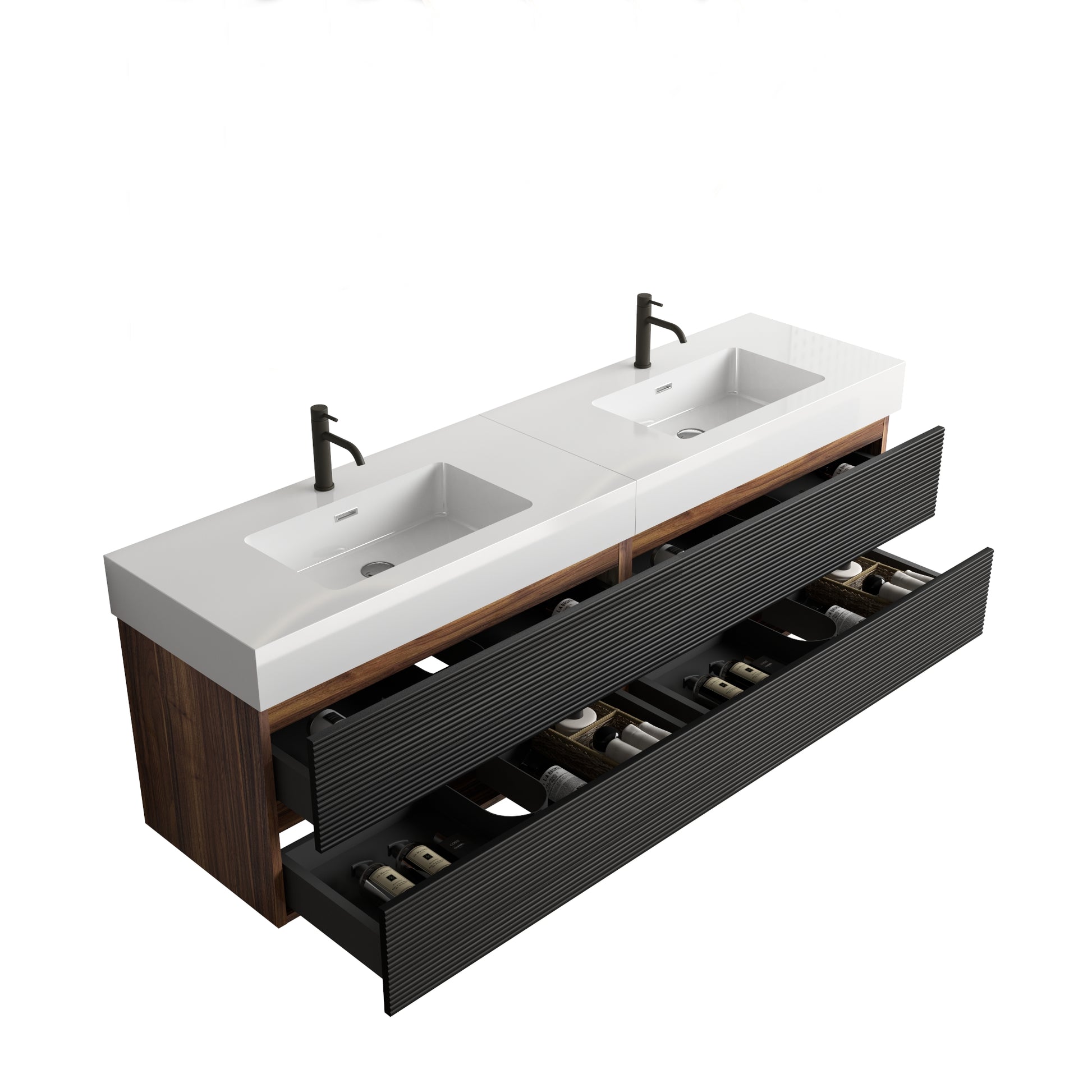 Grace 72''(36Inch*2) Bathroom Vanity with Matt Black Engineered Quartz Sink and Soft Black Drawers, Wall Mounted Floating Bathroom Vanity, One-Piece Glossy White Basin, KD image 8