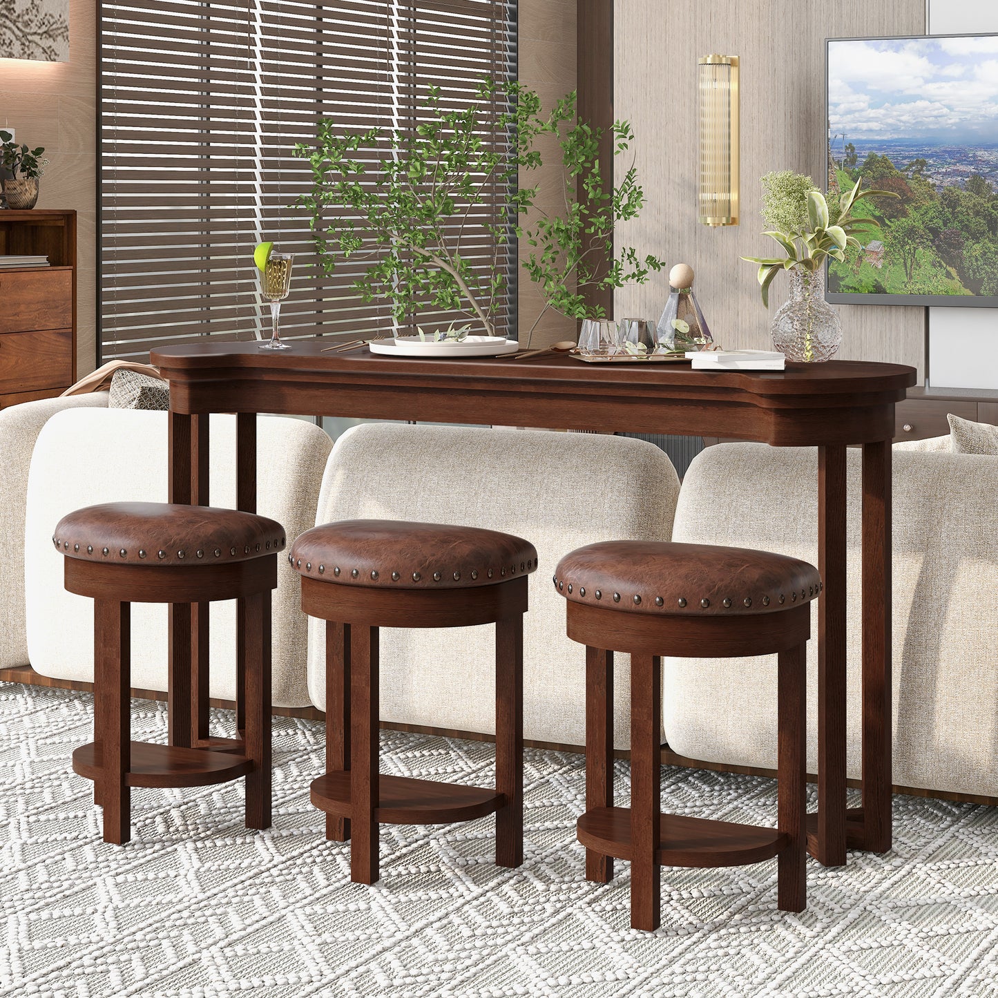 4 Piece Bar Table Set with3 PU Upholstered Bar Stools, Breakfast Table with 3 Padded Stools Solid Wood Counter Height Dining Table Set for Living Room, Dining Room. Cherry image 2