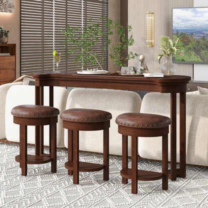 4 Piece Bar Table Set with3 PU Upholstered Bar Stools, Breakfast Table with 3 Padded Stools Solid Wood Counter Height Dining Table Set for Living Room, Dining Room. Cherry image 2