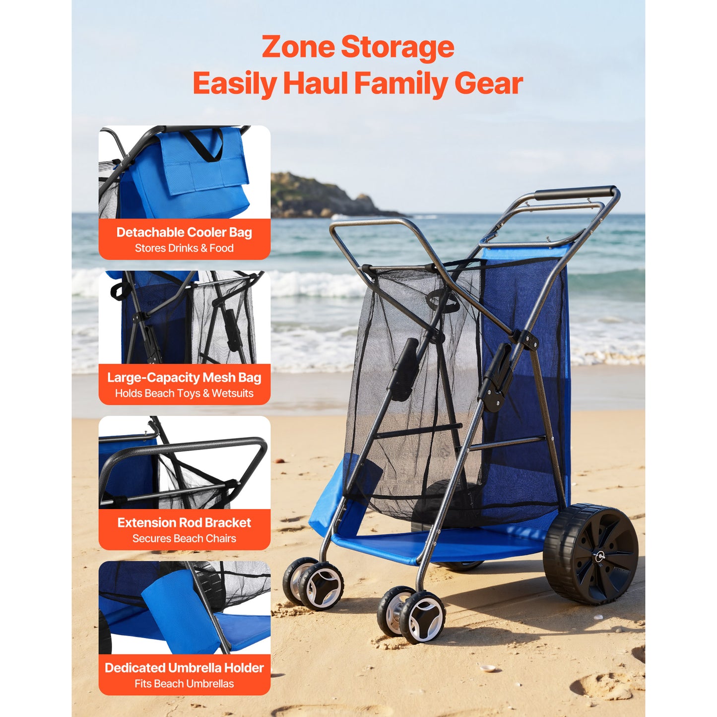 Beach Cart with Large Wheels for Sand, 165 lbs Load Capacity, Heavy Duty Folding Beach Wagon with 10" Solid Wheels, Insulated Cooler Bag, Umbrella Holder, Holds 4 Chairs for Camping & Fishing image 4