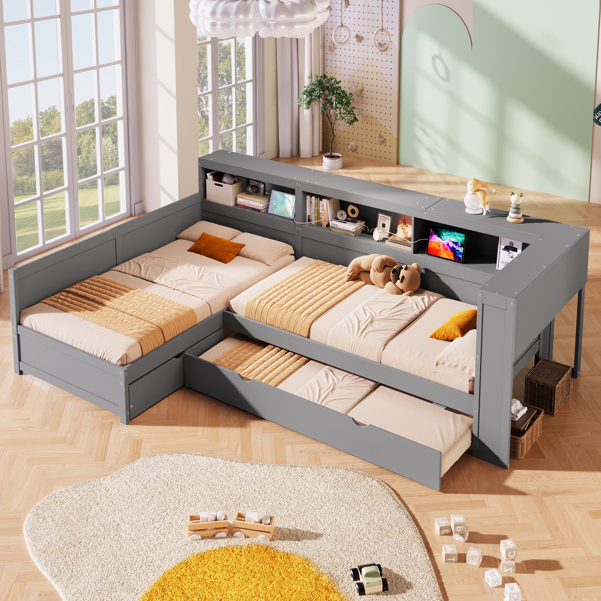 Wood Twin Size L-shaped Platform Bed with Trundle and a Drawer, Grey(Old SKU:N7090001045E) image 4