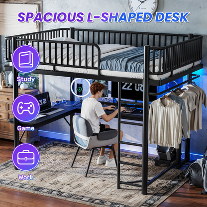 Queen Loft Bed with L-Shaped Desk,LED Light Strip and Charge Station, Metal Loft Bed with Computer Mainframe Tray and Hanging Area, Special Round Pipe Design, Black image 7