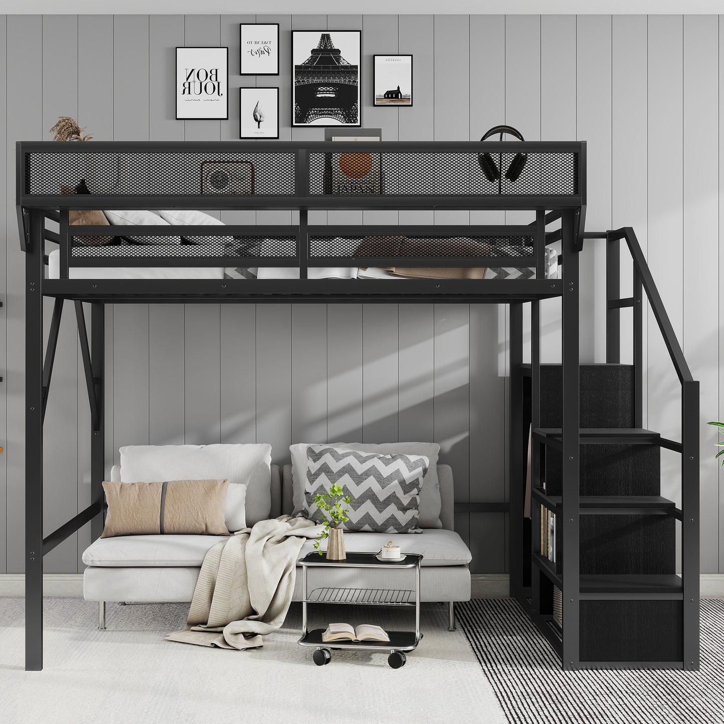 Queen Size Loft Bed with Stairs, Metal Queen Loft Bed with Storage Shelves, High Loft Bed with Wardrobe for Kids Teens Adults, Black(Old skuW2580S00038) image 2