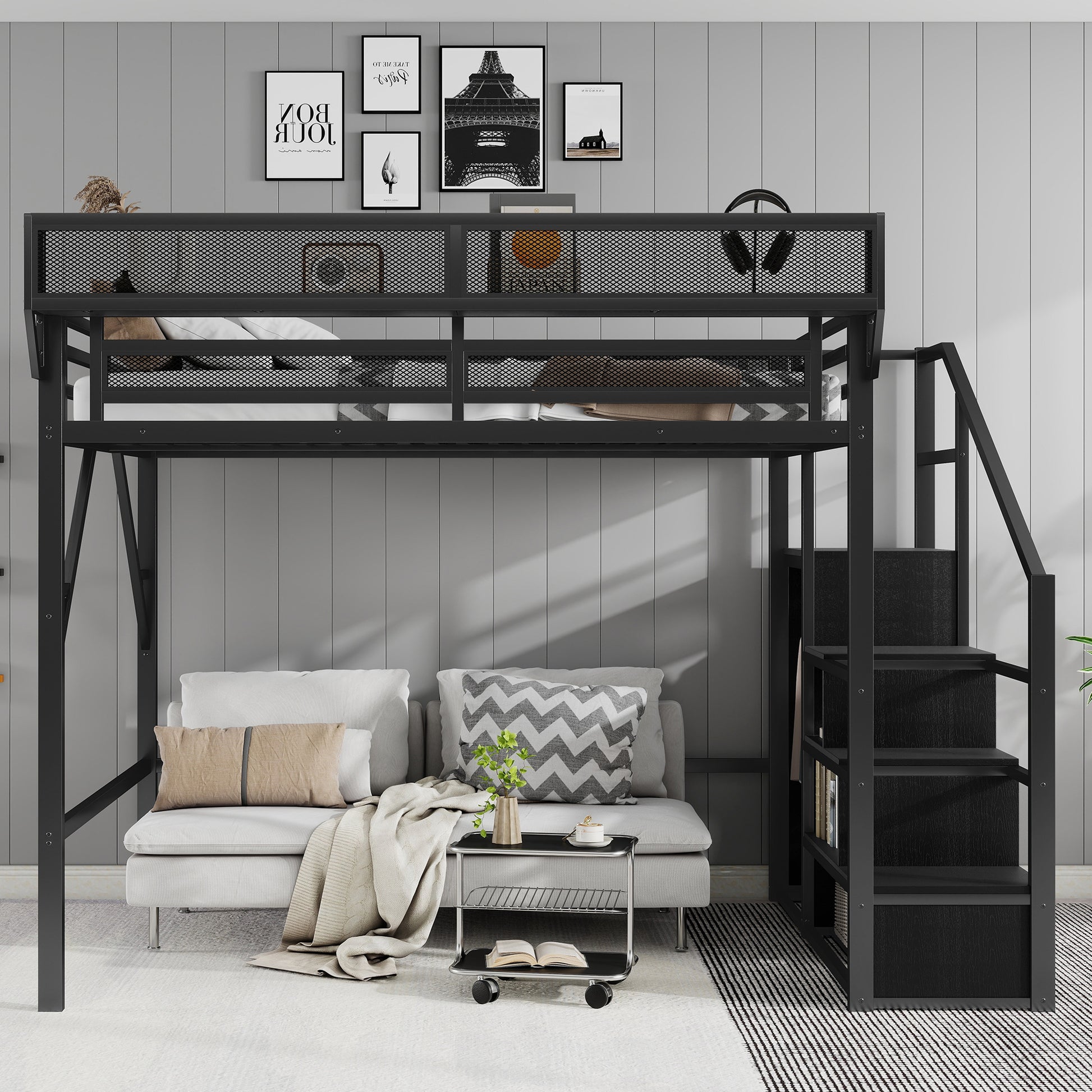 Full Size Loft Bed with Stairs, Metal Full Loft Bed with Storage Shelves, High Loft Bed with Wardrobe for Kids Teens, Black(Old skuW2580S00037) image 1
