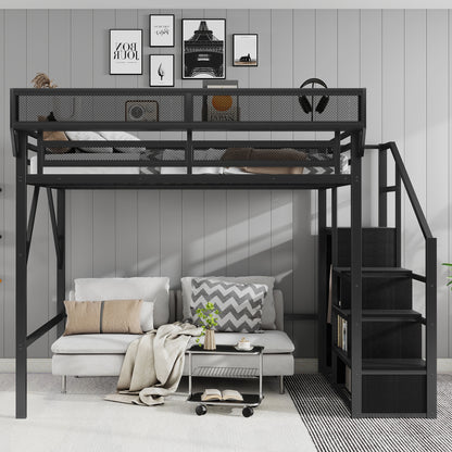 Full Size Loft Bed with Stairs, Metal Full Loft Bed with Storage Shelves, High Loft Bed with Wardrobe for Kids Teens, Black(Old skuW2580S00037) image 1