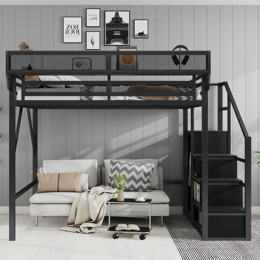 Full Size Loft Bed with Stairs, Metal Full Loft Bed with Storage Shelves, High Loft Bed with Wardrobe for Kids Teens, Black(Old skuW2580S00037) image 1