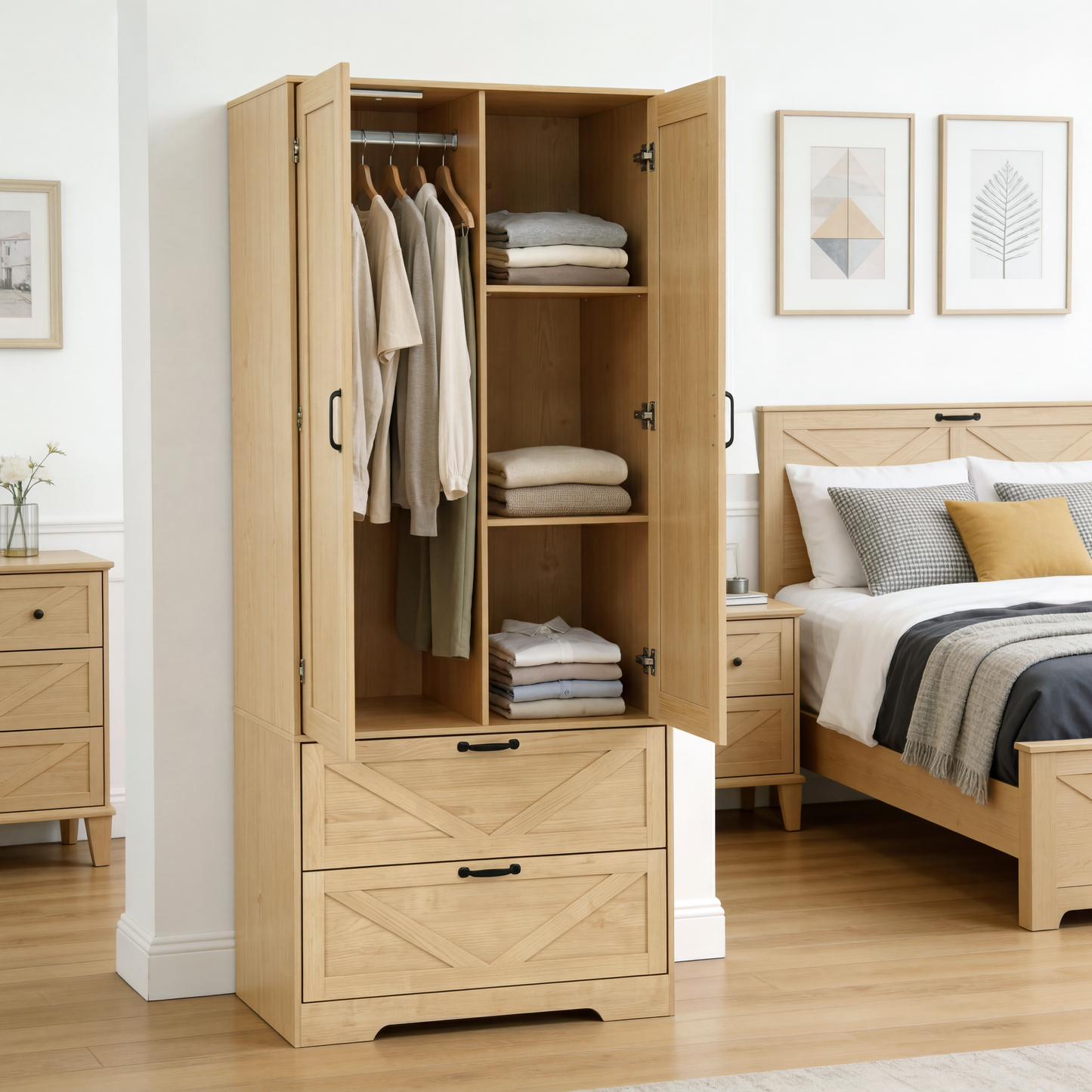 2 Door Wood Wardrobe for Bedroom with Hanging Clothing Rod inside the Cabinet and 2 Drawers for Storage Organization, Built-in induction light Multifunctional Closet with Mirror, Natural image 3