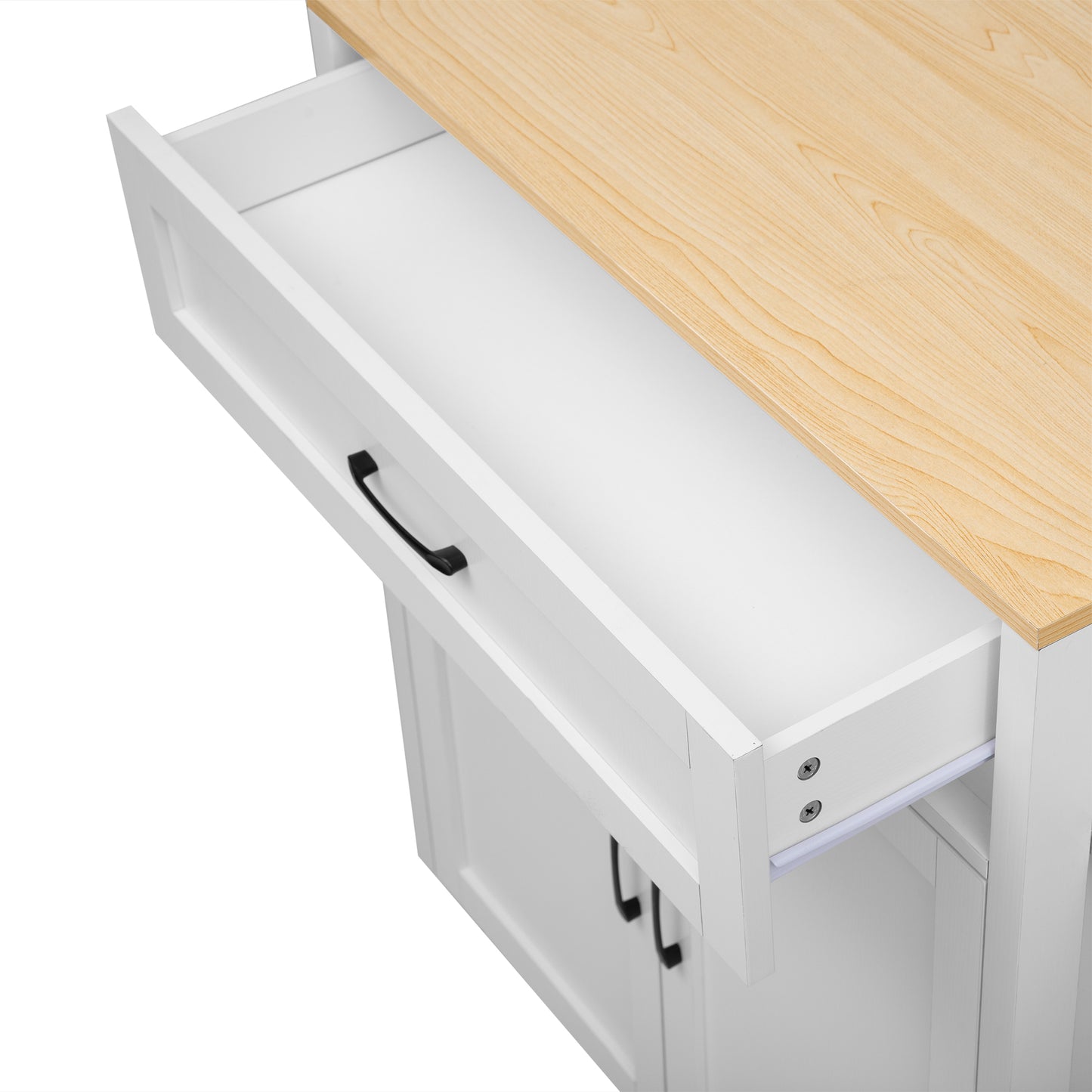 K&K 82.7 inch Kitchen Island with Extendable Dining Table for 4-6 Person,Two-tone Kitchen Table with Double-sized Storage, Power Outlet, Kitchen island with Storage 2 Drawers 2 Side Open Shelves,White image 7