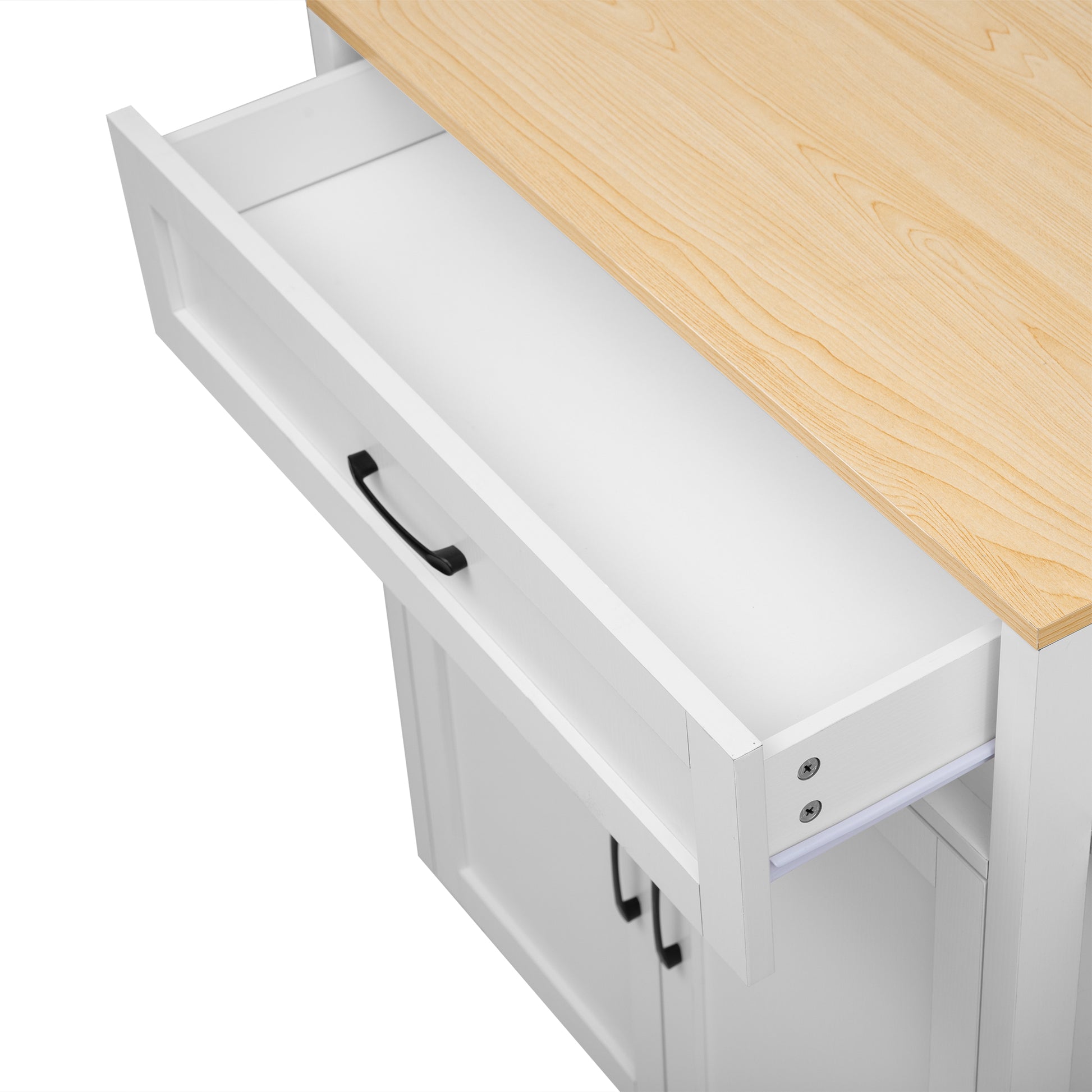 K&K 82.7 inch Kitchen Island with Extendable Dining Table for 4-6 Person,Two-tone Kitchen Table with Double-sized Storage, Power Outlet, Kitchen island with Storage 2 Drawers 2 Side Open Shelves,White image 7