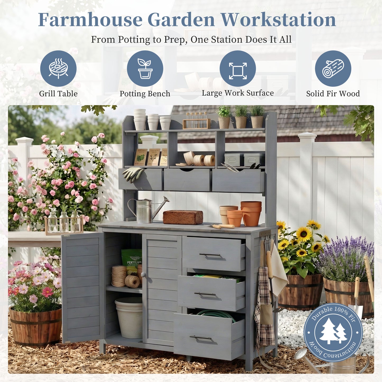 (With Assembly Video) TOPMAX Farmhouse Patio Potting Bench, 44.6''x19.5'' Large Freestanding Garden Workstation with 6 Drawers, Bottom Cabinet and Side Hook, Outdoor Kitchen Island, Gray image 4