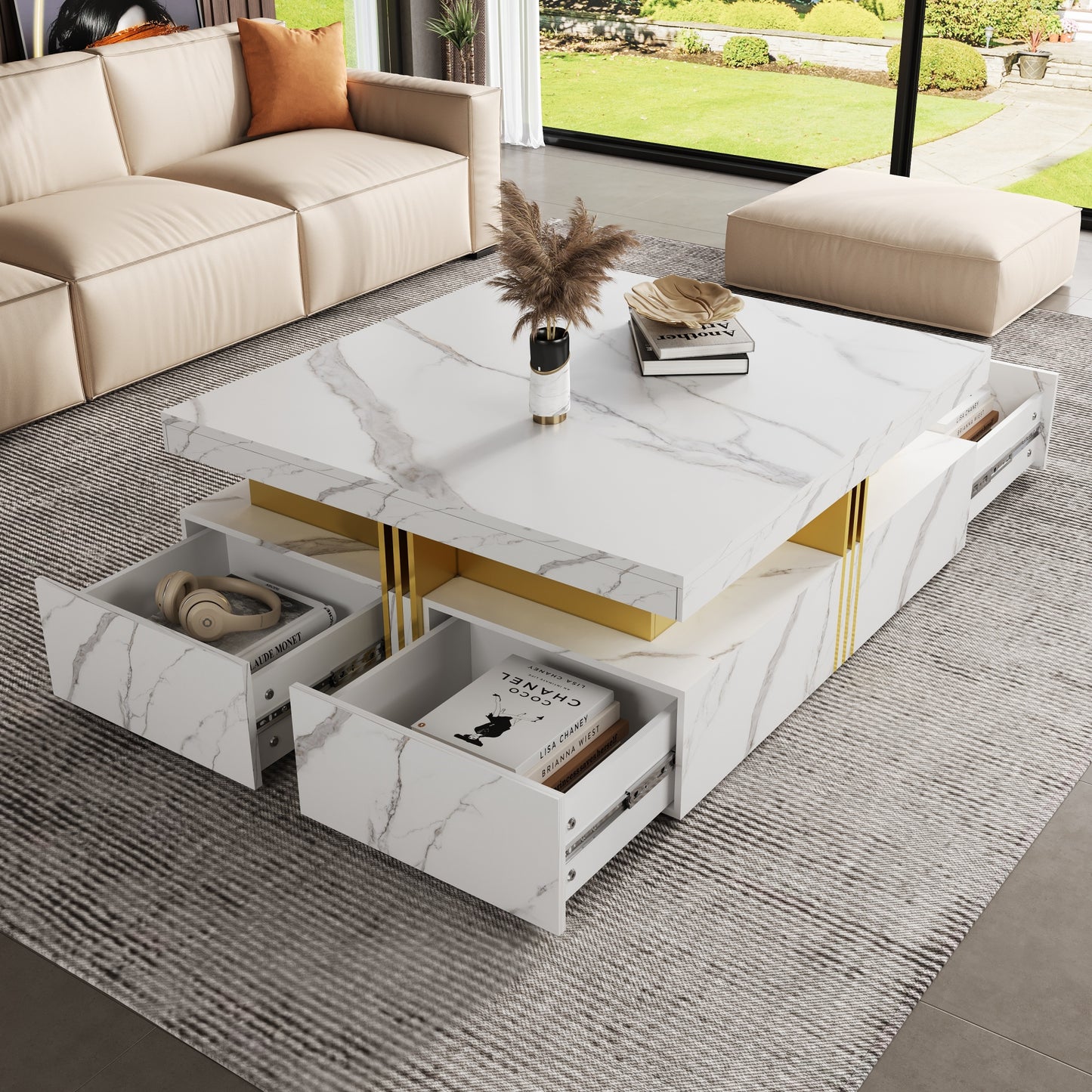 Modern White Square Storage Coffee Table with 4 Drawers image 1