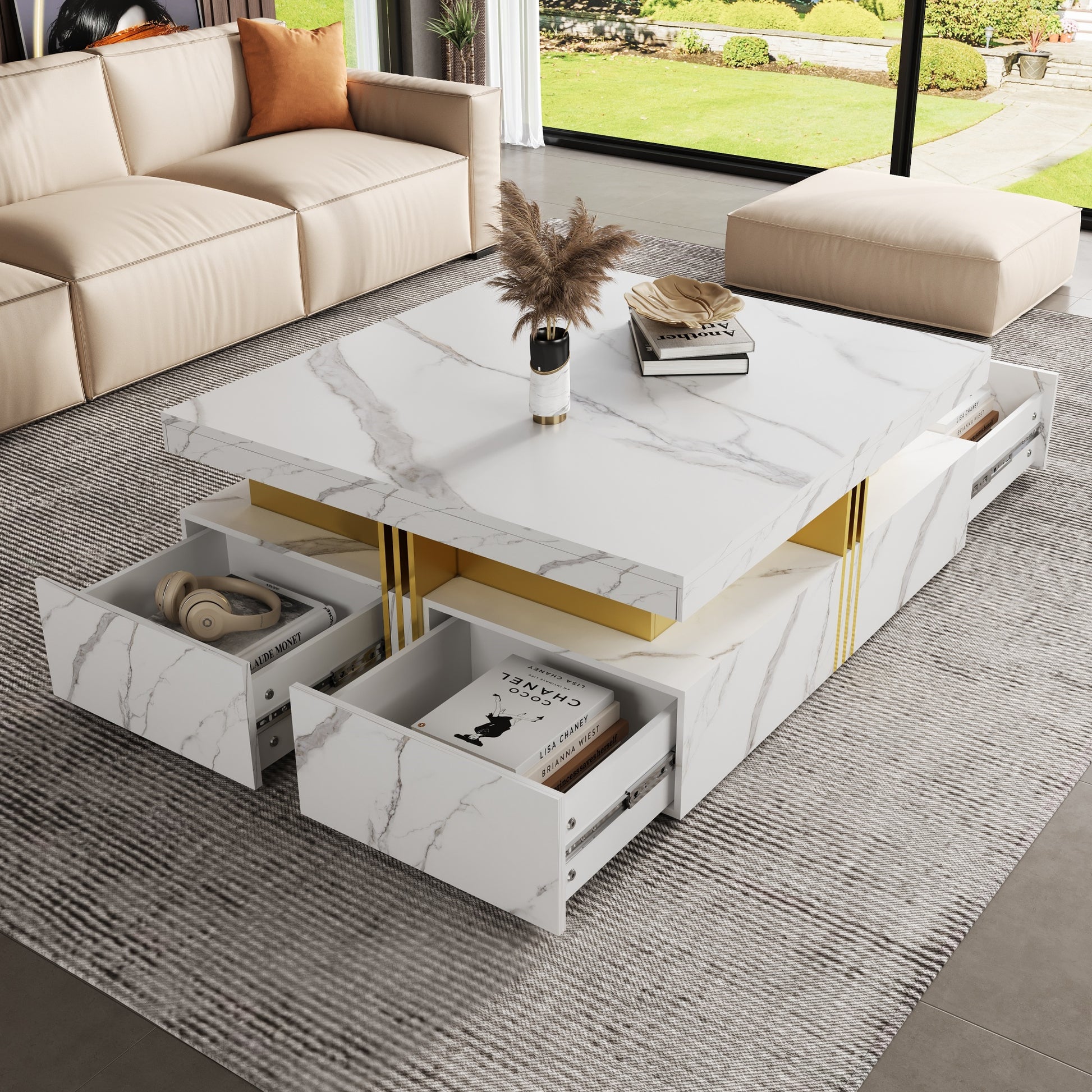 Modern White Square Storage Coffee Table with 4 Drawers image 1