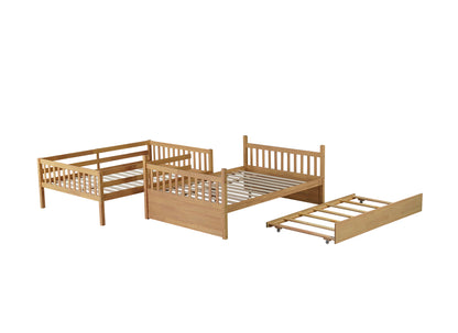 Full Over Full Rubber Wood Bunk Bed with Trundle, Ladder and Guardrails, Convertible to 2 Full Size Beds, with Twin Size Trundle,Natural (Old Sku W504S00180) image 10