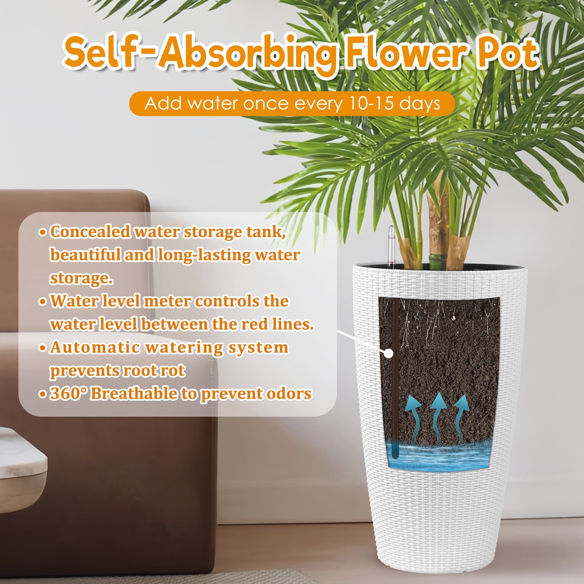 Set of 2 Faux Rattan Tall Planters Outdoor Indoor Large Planters with Water Level Monitor Inner Bucket, Automatic Watering, Flower Plant Pots for Garden, Patio, Porch, Backyard (White, 22 inch) image 3
