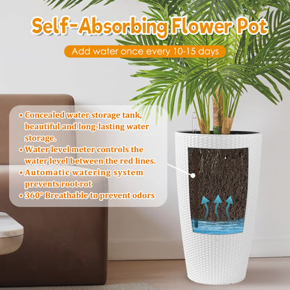 Set of 2 Faux Rattan Tall Planters Outdoor Indoor Large Planters with Water Level Monitor Inner Bucket, Automatic Watering, Flower Plant Pots for Garden, Patio, Porch, Backyard (White, 22 inch) image 3