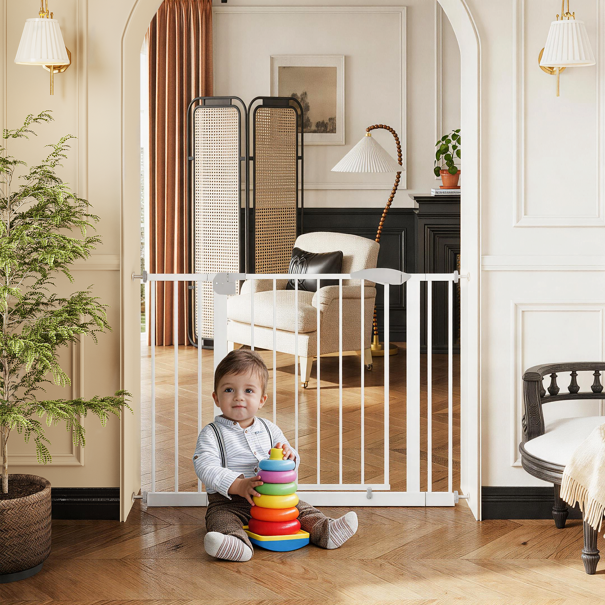 29.5-44.1" Wide Baby Gate for Stairs, Dog Gate Indoor for Doorways, No Drilling Pressure Mounted Pet Gates for Kids, Easy Walk Through Safety Gate, White image 1