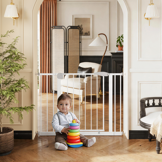 29.5-44.1" Wide Baby Gate for Stairs, Dog Gate Indoor for Doorways, No Drilling Pressure Mounted Pet Gates for Kids, Easy Walk Through Safety Gate, White image 1