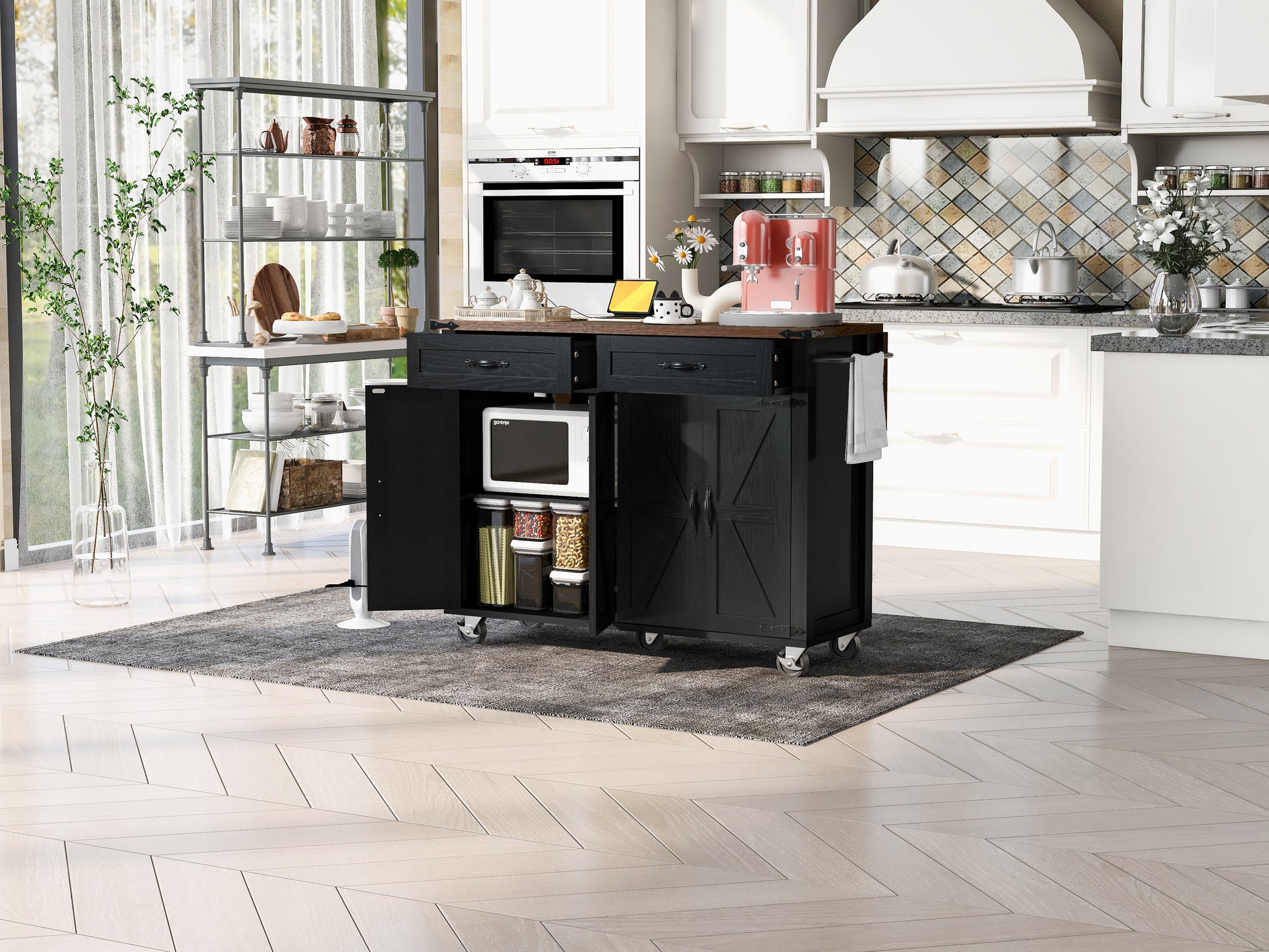 K&K 53.5''Farmhouse Kitchen Island with Power Outlet, Kitchen Storage Island with Drop Leaf, Spice Rack and Drawer, Rolling Kitchen Cart on Wheels, for Home, Kitchen and Dining Room, Black image 9
