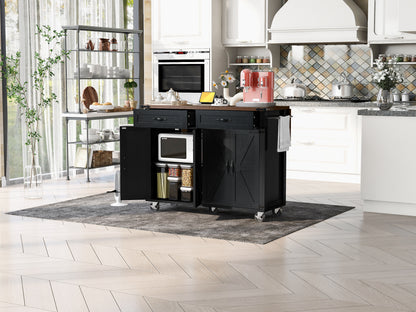 K&K 53.5''Farmhouse Kitchen Island with Power Outlet, Kitchen Storage Island with Drop Leaf, Spice Rack and Drawer, Rolling Kitchen Cart on Wheels, for Home, Kitchen and Dining Room, Black image 9