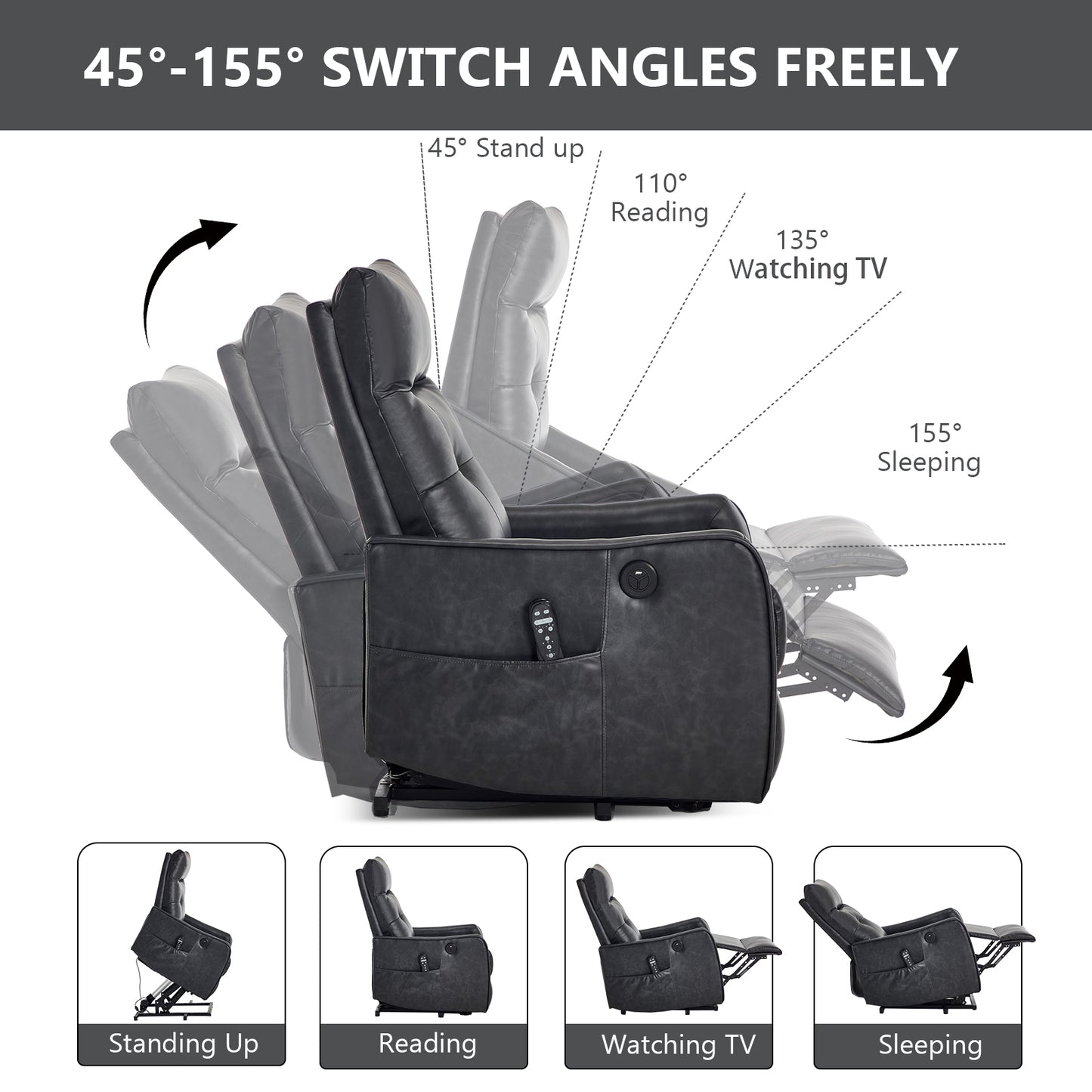Deep Grey PU Single Motor Power Lift Recliner Chair with Massage and Heat for Elderly, Heavy Duty Motion Mechanism and One USB for Charging, Max Reclining Angle 155° image 4