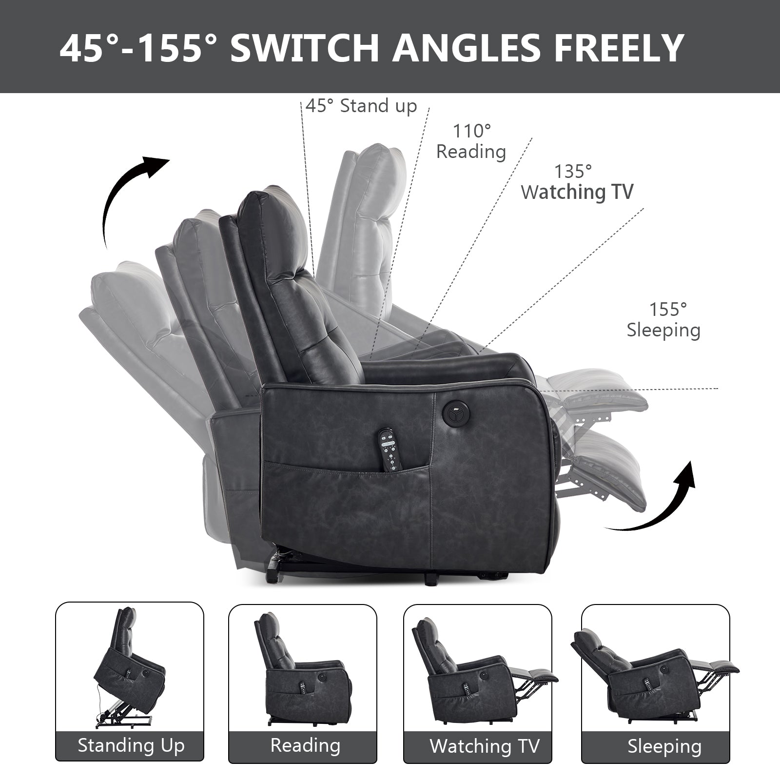 Deep Grey PU Single Motor Power Lift Recliner Chair with Massage and Heat for Elderly, Heavy Duty Motion Mechanism and One USB for Charging, Max Reclining Angle 155° image 4
