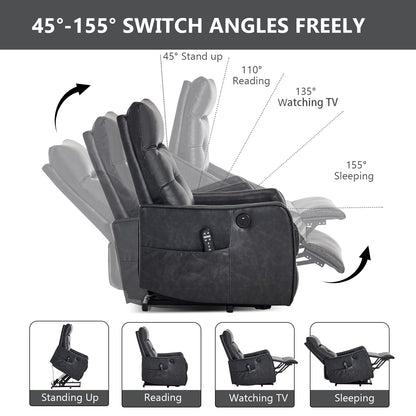 Deep Grey PU Single Motor Power Lift Recliner Chair with Massage and Heat for Elderly, Heavy Duty Motion Mechanism and One USB for Charging, Max Reclining Angle 155° image 4