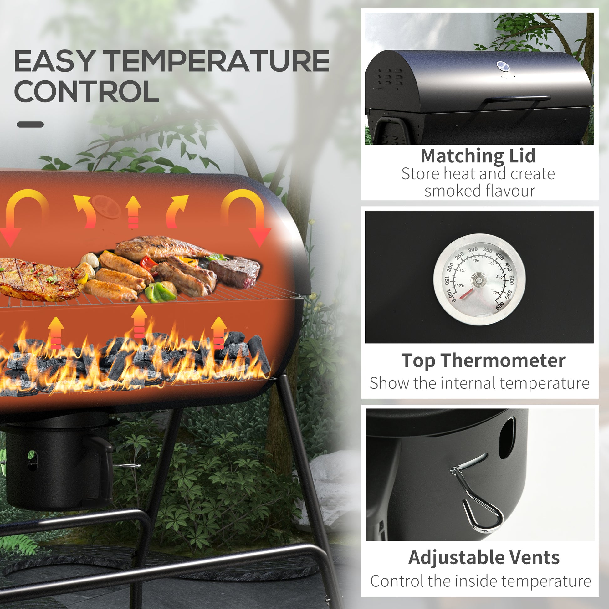Outsunny Barrel Charcoal BBQ Grill with 420 sq.in. Cooking Area, Outdoor Barbecue with Wheels, Ash Catcher and Built-in Thermometer for Patio Picnic, Backyard Party, Black image 6