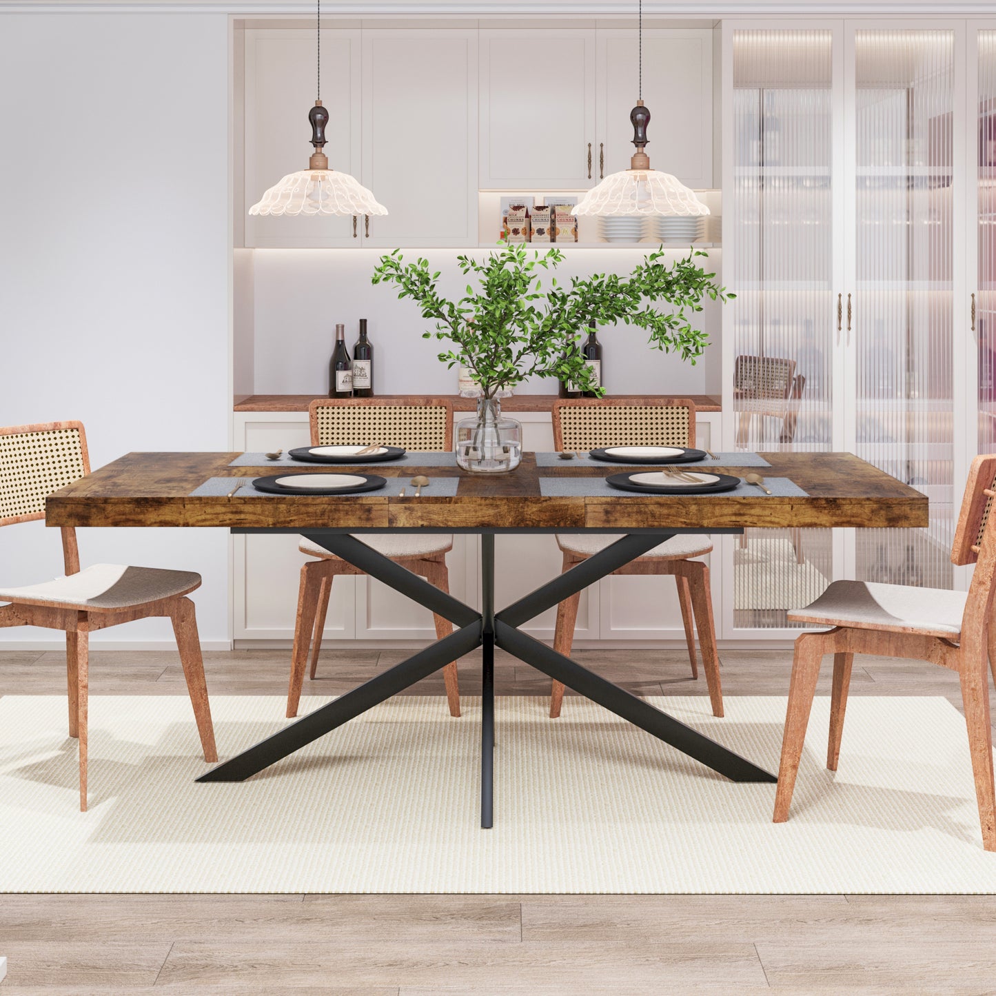 55.11"-70.86"Retro Rectangular Stretch Dining Table, Antique Wood Top And Same Color Relief Plate,With Storage Box,Suitable for dining rooms, kitchens, and living rooms, Brown image 4