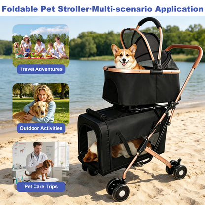 Double Pet Stroller for Dogs and Cats, Foldable Frame, 3-in-1 Convertible Carrier/Tote, Shockproof Wheels, Brake System, Fixed Safety Leashes for Small/Medium Pets in Multi-Pet Homes(Black) image 9