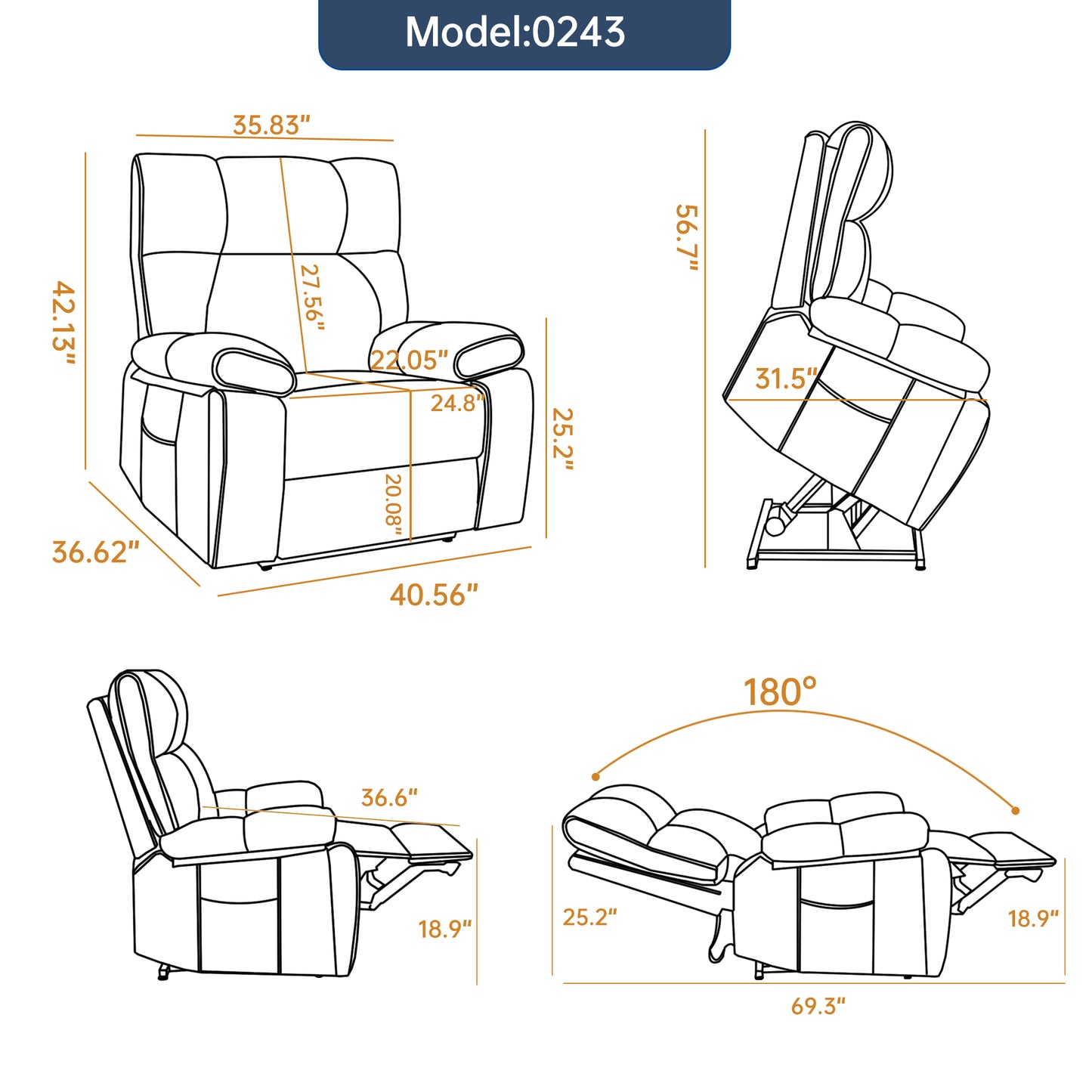 Orange Leatheraire Heat Massage Dual Motor Infinite Position Up to 350 LBS Large Electric Power Lift Recliners with Hidden Cup Holders, Power-Remote, Medium-firm and Heavy Duty image 3